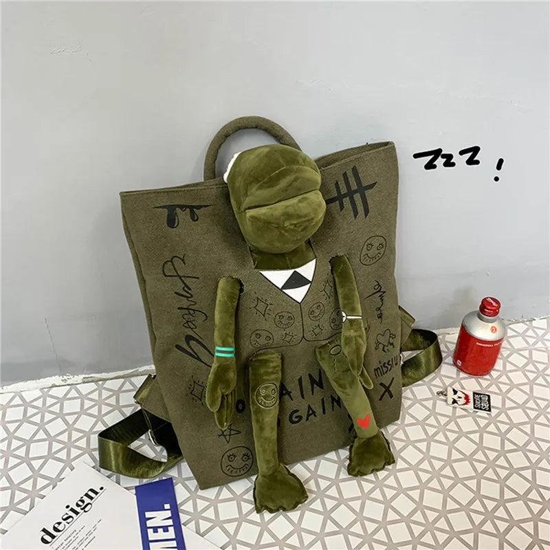 Plush Frog Monster Zip Large School Backpack Unisex Graffiti Inlaid