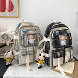 Japanese Canvas School Backpack Plaid Design Large Capacity