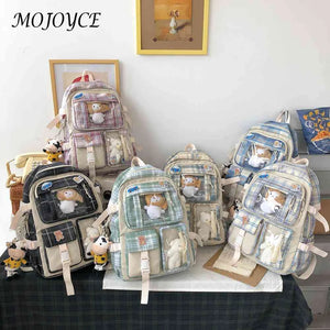 Japanese Canvas Pockets Backpack Large Capacity Plaid School Bag