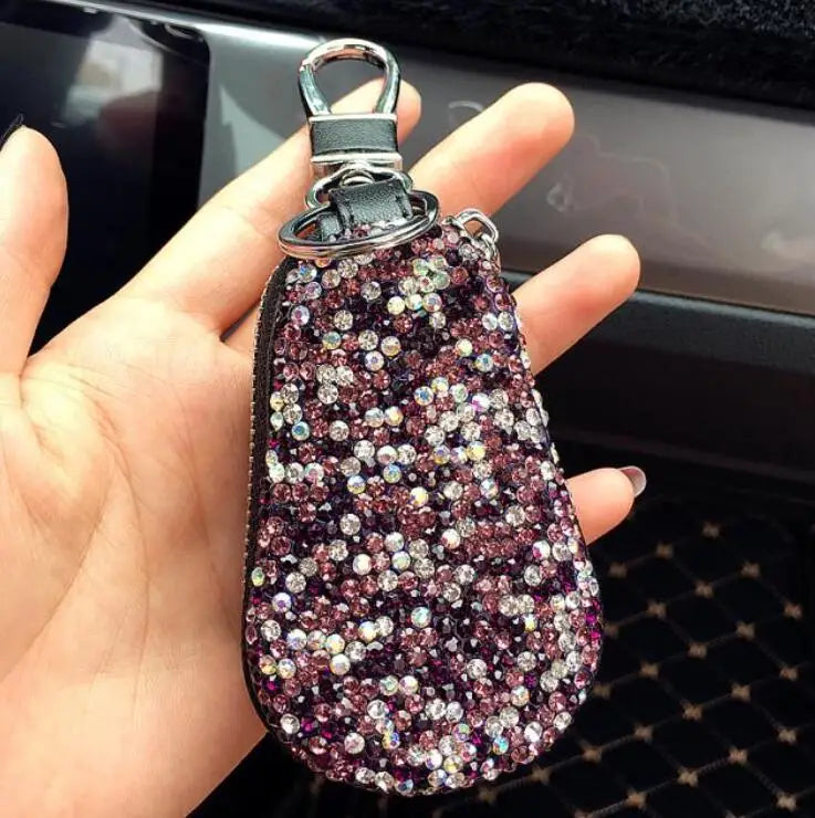 Diamond PU Leather Car Key Cover for Girl Woman with Keycha