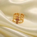 Uworld Stainless Steel Pink Stone Ring Statement Golden 18K Plated