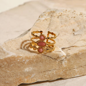 Uworld Stainless Steel Pink Stone Ring Statement Golden 18K Plated