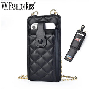 VM KISS Chain Small Phone Bag Women Pu Leather Ladie Mini Plaid Crossbody