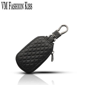 Real Leather Plaid Button Car Key Bag Holder Wallet