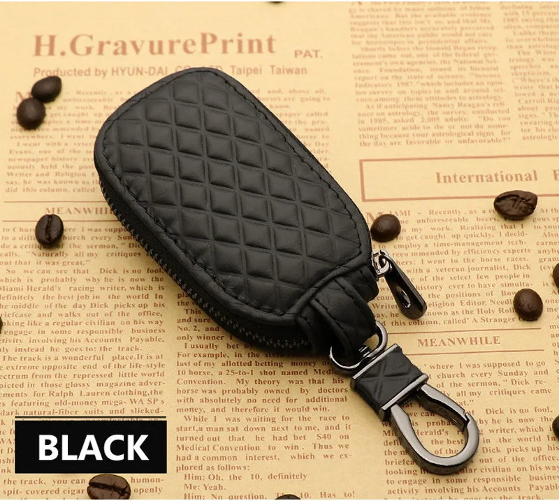 Real Leather Plaid Button Car Key Bag Holder Wallet