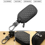 Real Leather Plaid Button Car Key Bag Holder Wallet