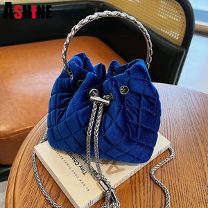 Velvet Bucket Bag Shoulder Bag with Diamonds Handle