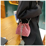 Velvet Bucket Bag Shoulder Bag with Diamonds Handle