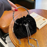 Velvet Bucket Bag Shoulder Bag with Diamonds Handle
