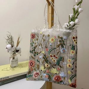 Velvet Handbag Embroidery Flower Tote Bag