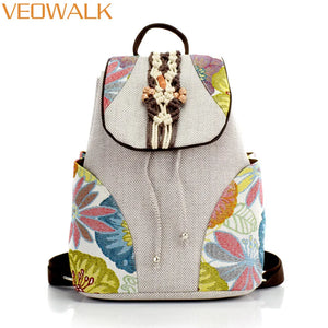 Beaded Embroidered Women Small Canvas Backpacks, Ladies Casual Rucksacks