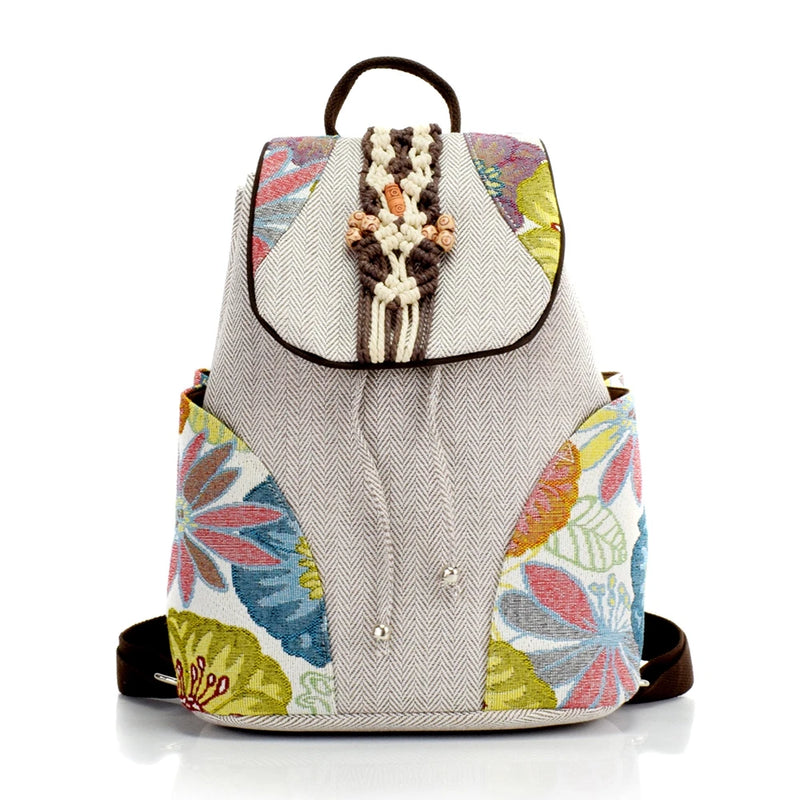 Beaded Embroidered Women Small Canvas Backpacks, Ladies Casual Rucksacks