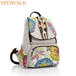 Women's Small Canvas Backpack, Floral Embroidered Rucksack