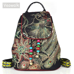 Peacock Sequins Embroidered Canvas Backpack Women Floral Rucksacks