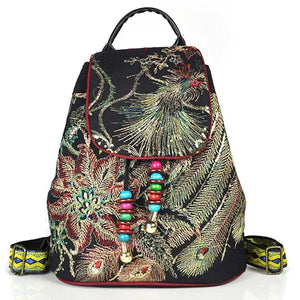 Peacock Sequins Embroidered Canvas Backpack Women Floral Rucksacks
