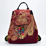 Peacock Sequins Embroidered Canvas Backpack Women Floral Rucksacks