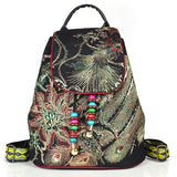 Peacock Sequins Embroidered Canvas Backpack Women Floral Rucksacks
