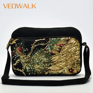 Peacock Sequins Embroidered Women Cotton Shoulder Bag Multi-function