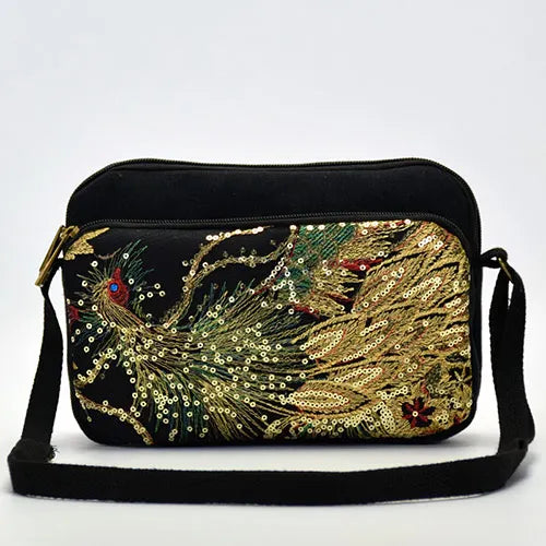 Peacock Sequins Embroidered Women Cotton Shoulder Bag Multi-function