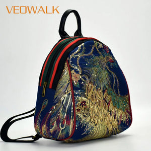 Peacock Sequins Embroidered Canvas Backpack for Women