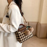 Women's Leather Shoulder Bag Retro All-Match Checkerboard Lattice Bag