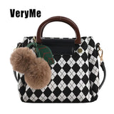 Women's Leather Shoulder Bag Retro All-Match Checkerboard Lattice Bag