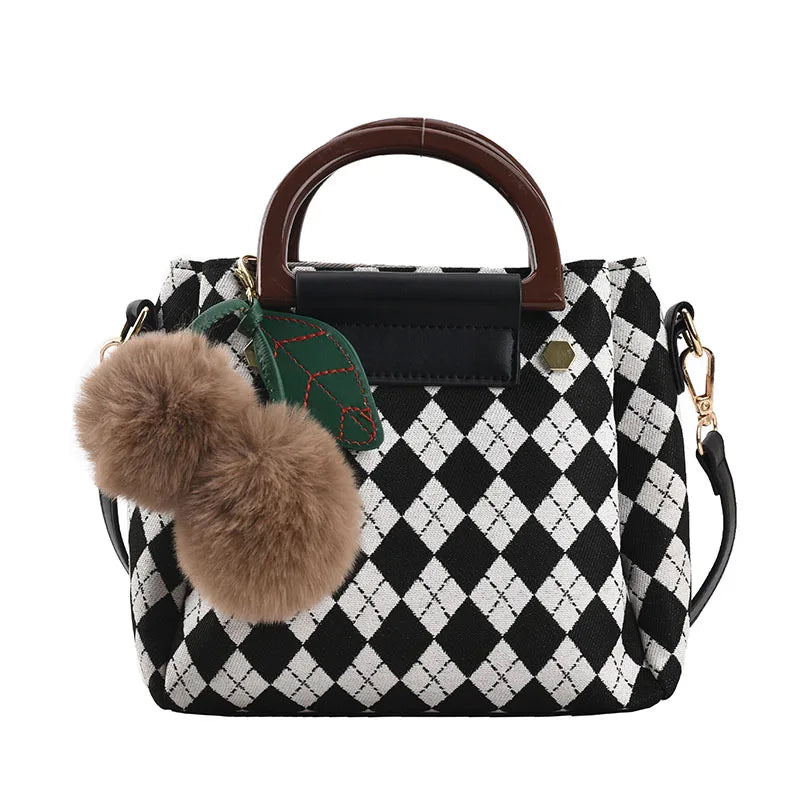 Women's Leather Shoulder Bag Retro All-Match Checkerboard Lattice Bag