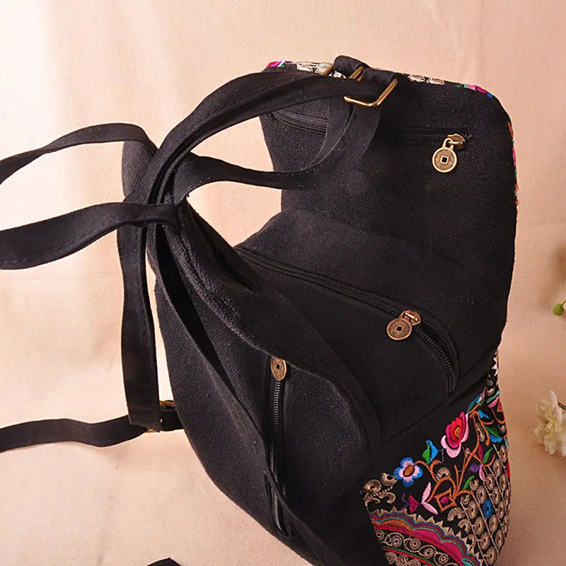 Vintage Embroidered Women Canvas Backpack Floral Schoolbag