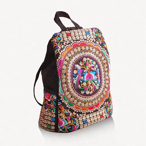 Vintage Embroidered Women Canvas Backpack Floral Schoolbag
