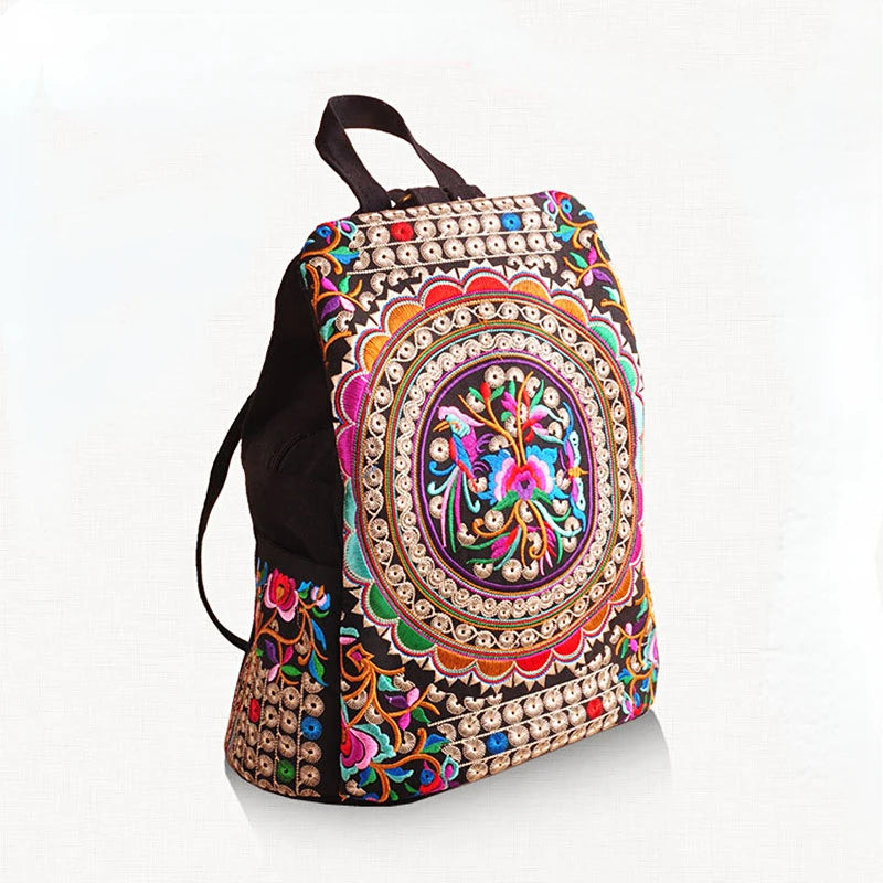 Vintage Embroidered Women Canvas Backpack Floral Schoolbag