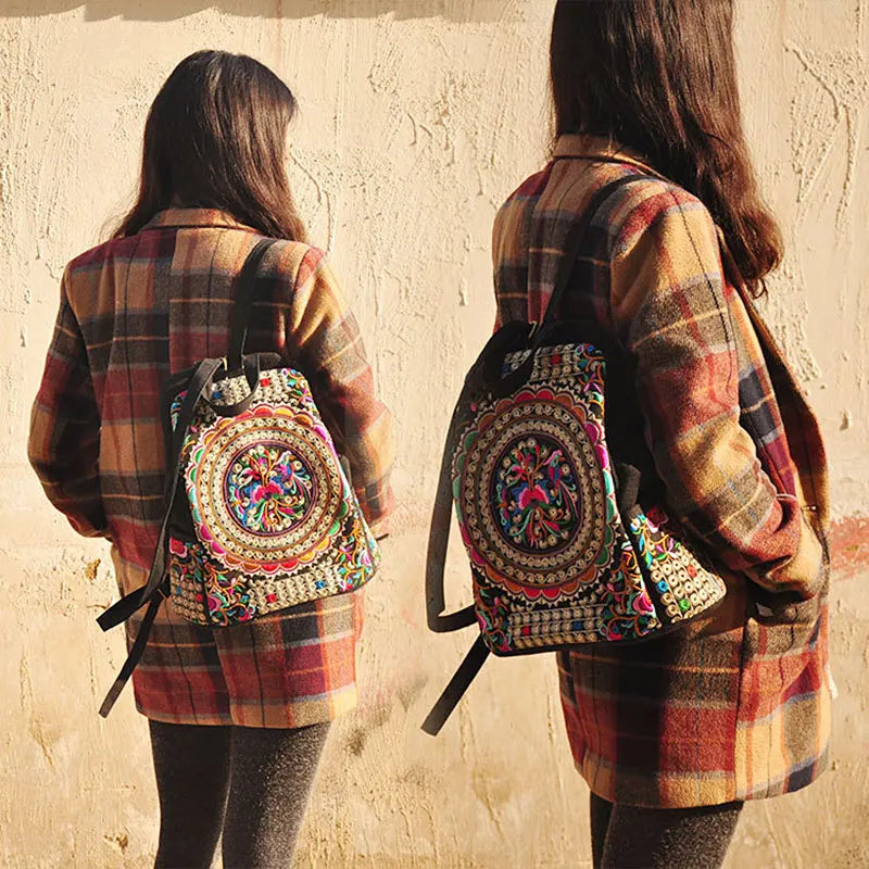 Vintage Embroidered Women Canvas Backpack Floral Schoolbag