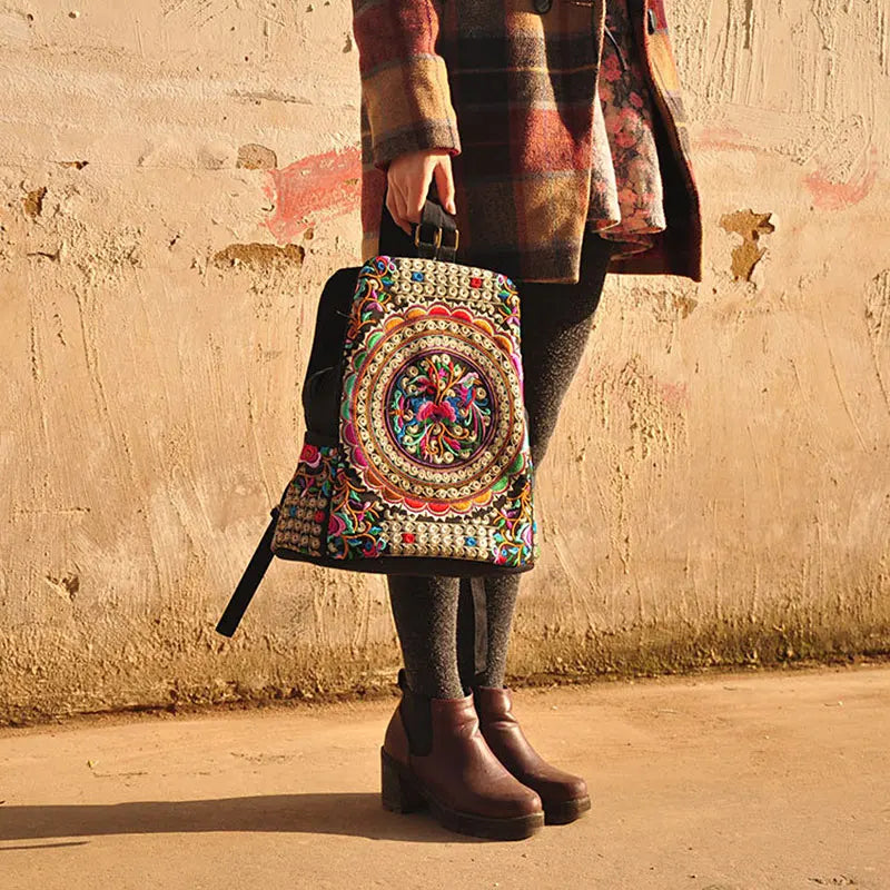 Vintage Embroidered Women Canvas Backpack Floral Schoolbag