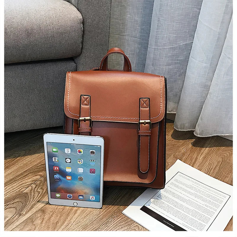 Vintage Leather Women Backpack School Bag for Girls