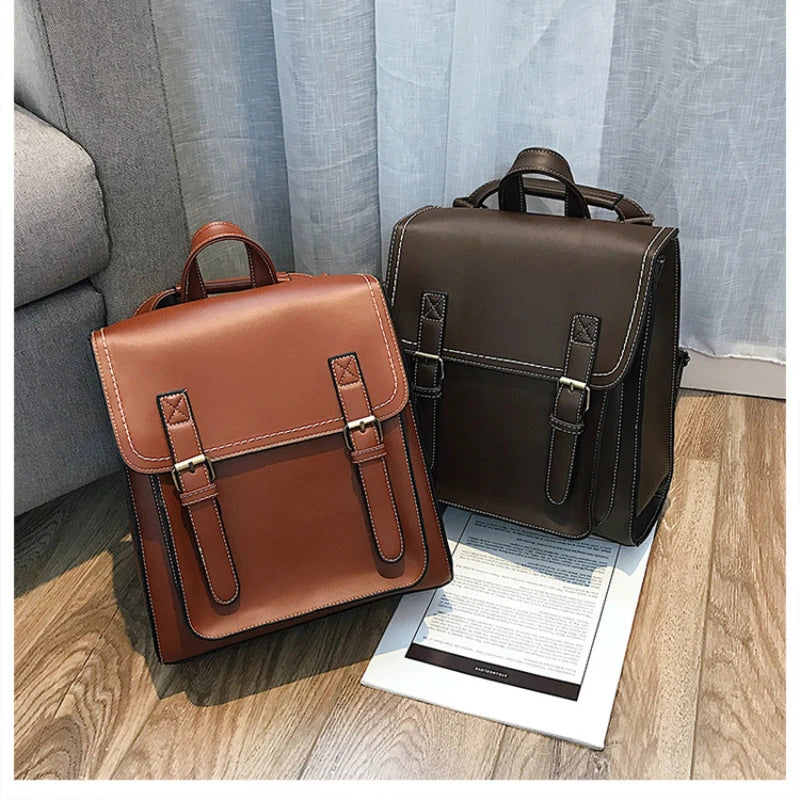 Vintage Leather Women Backpack School Bag for Girls