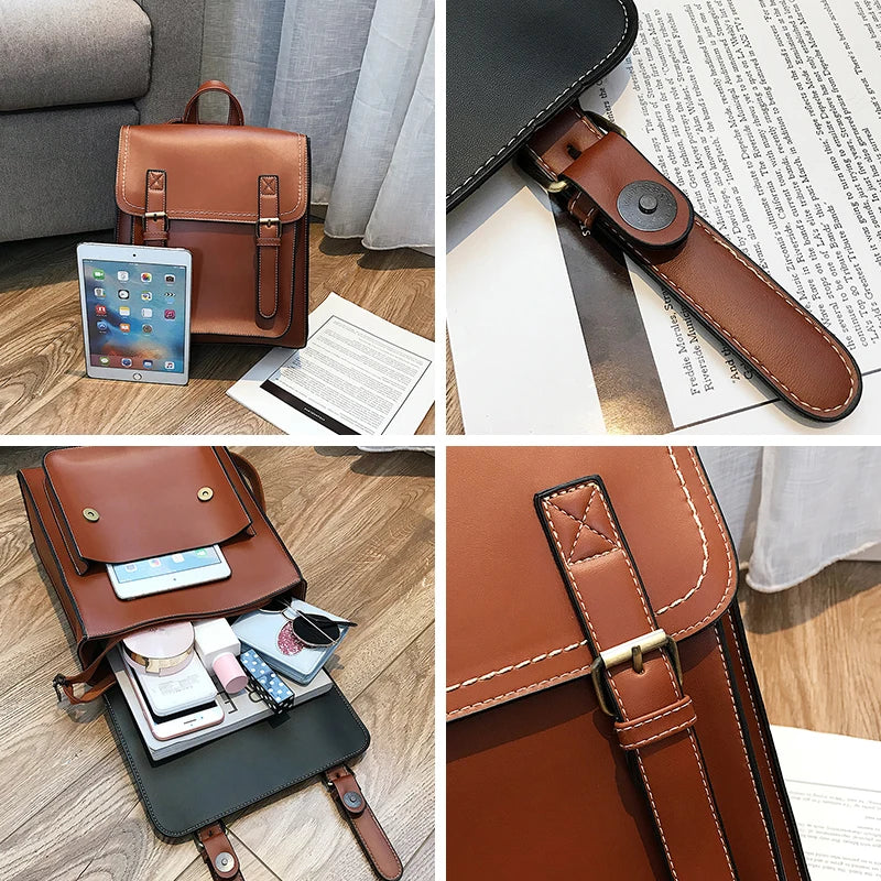 Vintage Leather Backpack for Girls School Bag Women's Shoulder Bag
