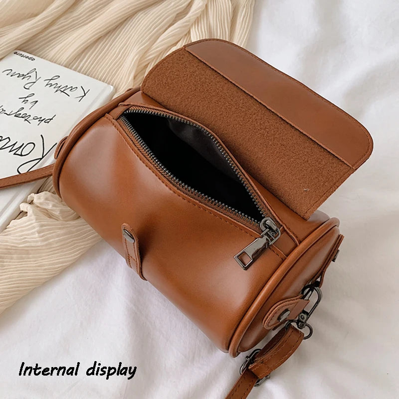 Vintage Barrel-Shaped Crossbody Bag for Women Girls PU Leather Handbags