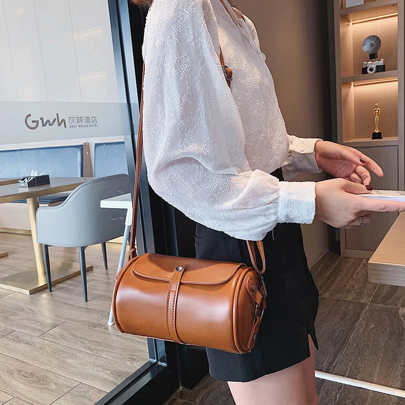 Vintage Barrel-Shaped Crossbody Bag for Women Girls PU Leather Handbags