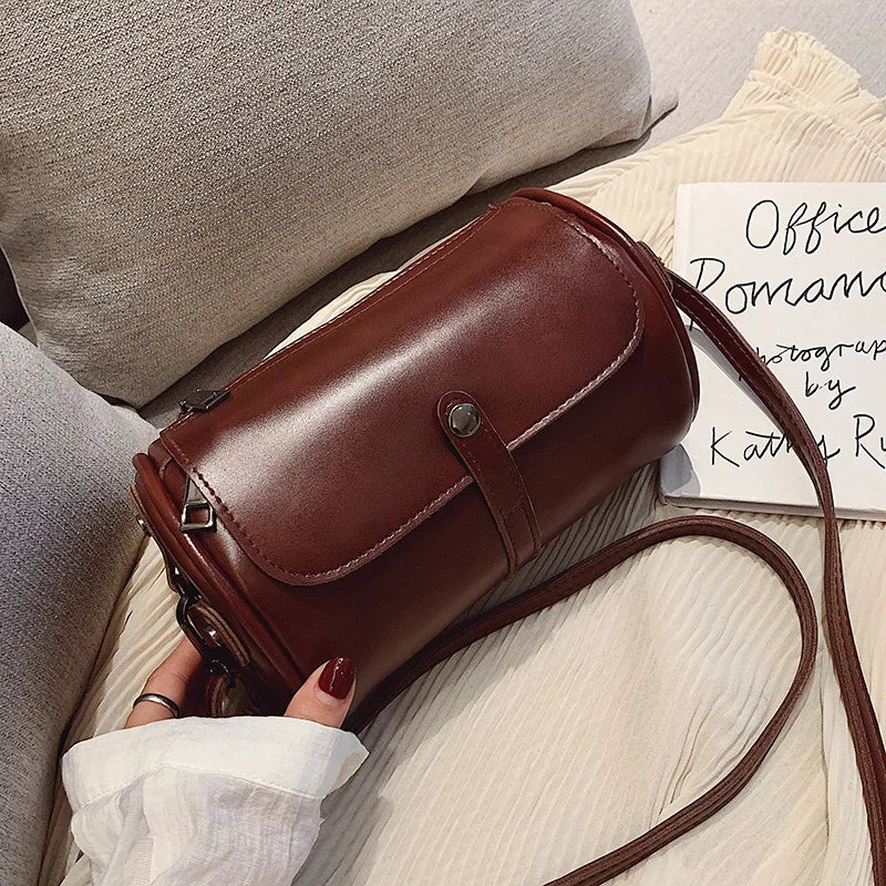 Vintage Barrel-Shaped Crossbody Bag for Women Girls PU Leather Handbags