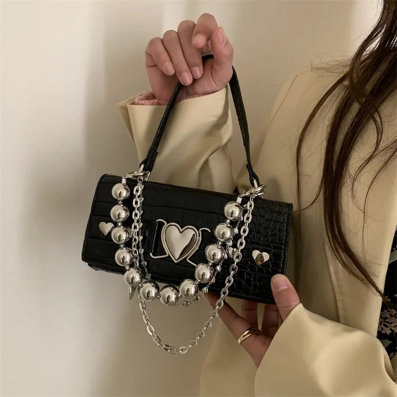 Vintage Croc Pattern Beaded Crossbody Bag