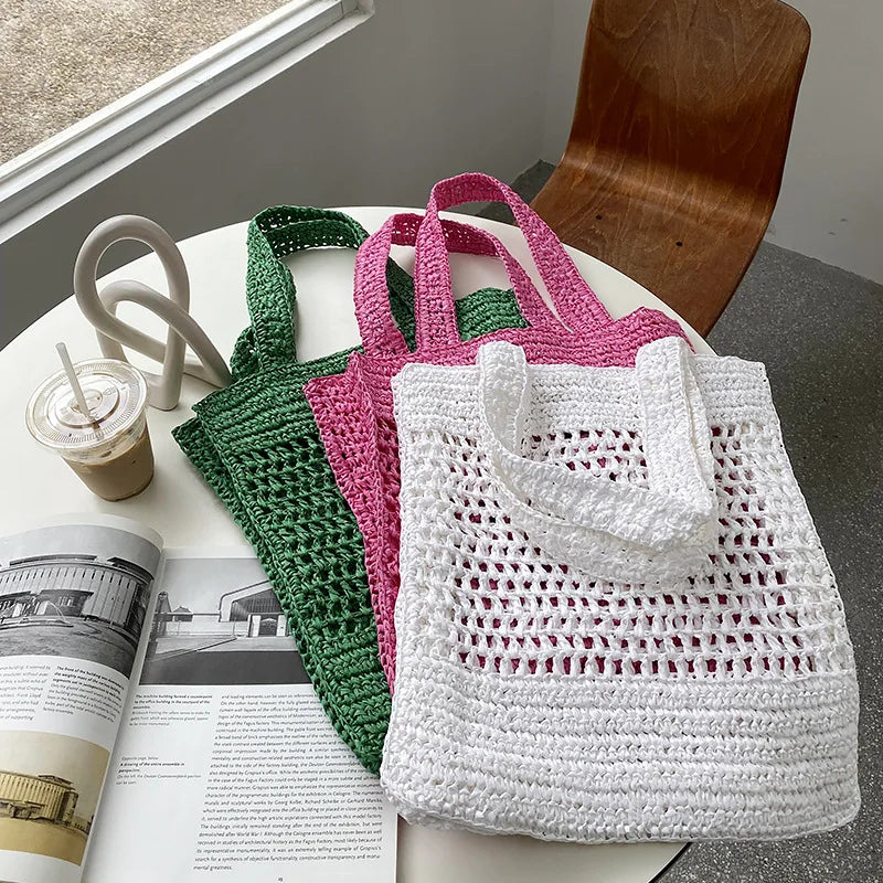 Vintage Bohemian Straw Woven Beach Bag Large Capacity Handbag