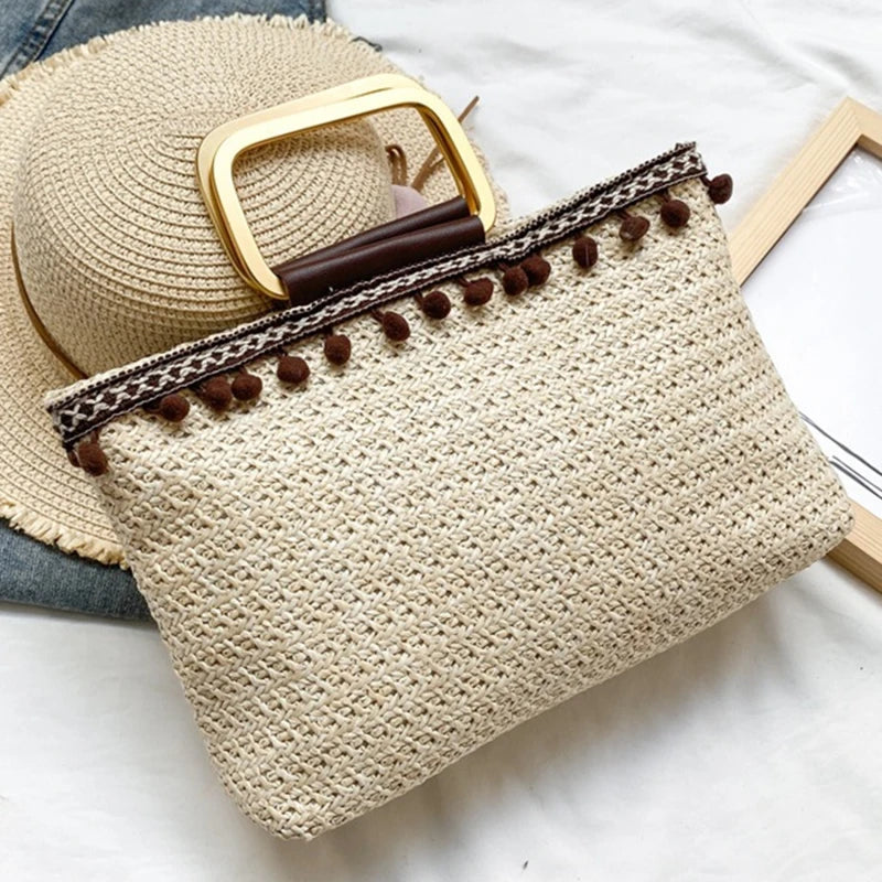 Boho Straw Bag Women Large Beach Handbag Rattan Travel Handle Bag