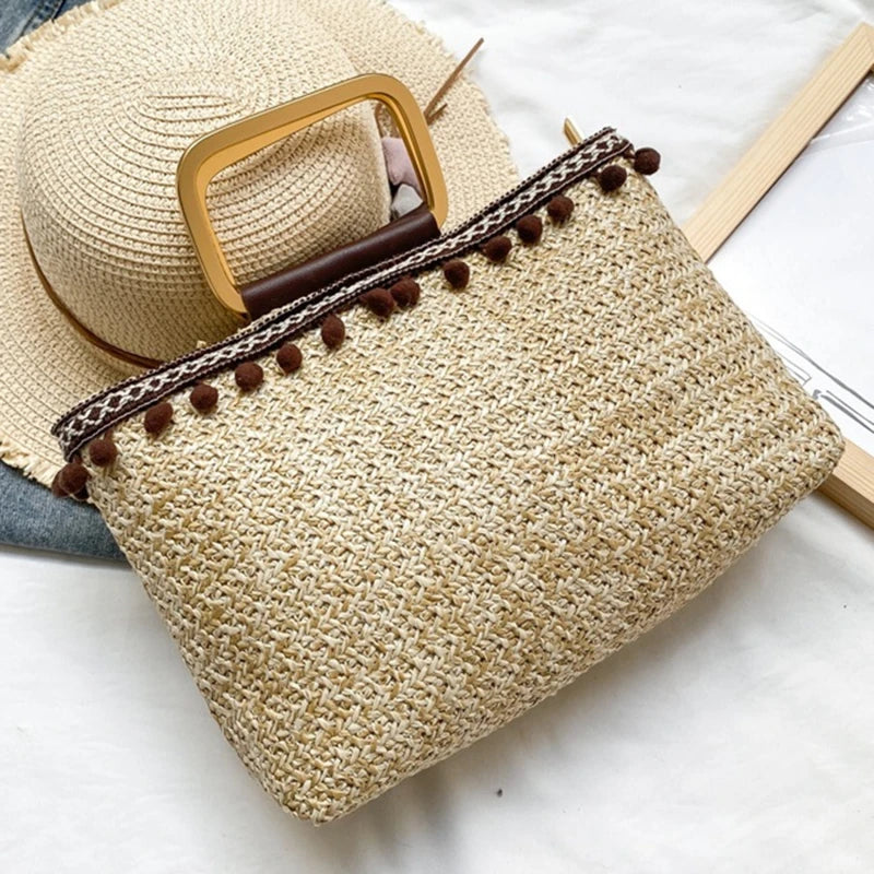 Boho Straw Bag Women Large Beach Handbag Rattan Travel Handle Bag