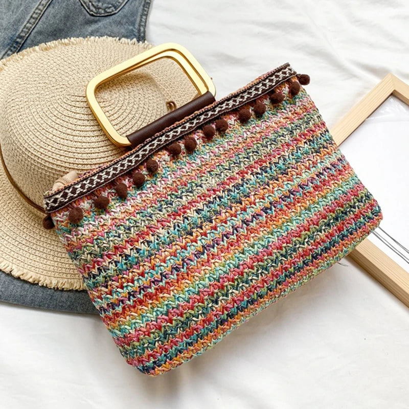 Boho Straw Bag Women Large Beach Handbag Rattan Travel Handle Bag