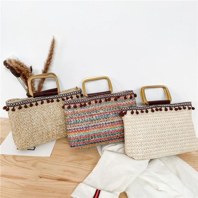 Boho Straw Bag Women Large Beach Handbag Rattan Travel Handle Bag