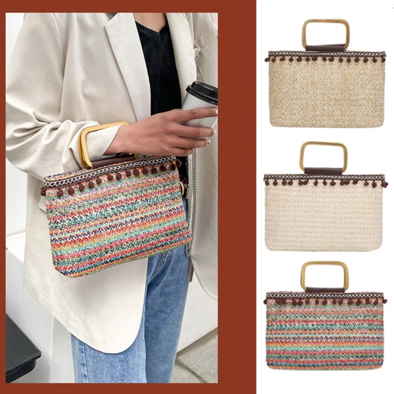 Boho Straw Bag Women Large Beach Handbag Rattan Travel Handle Bag