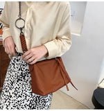 Vintage Braiding Shoulder Bag PU Leather Chain Hobos Messenger Bag Brown