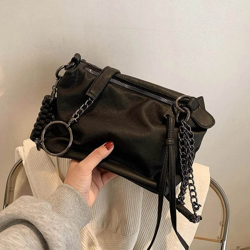 Vintage Braiding Shoulder Bag PU Leather Chain Hobos Messenger Bag Brown