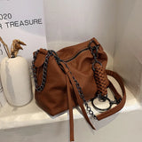 Vintage Braiding Shoulder Bag PU Leather Chain Hobos Messenger Bag Brown