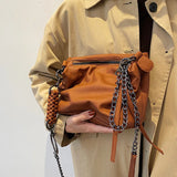 Vintage Braiding Shoulder Bag PU Leather Chain Hobos Messenger Bag Brown
