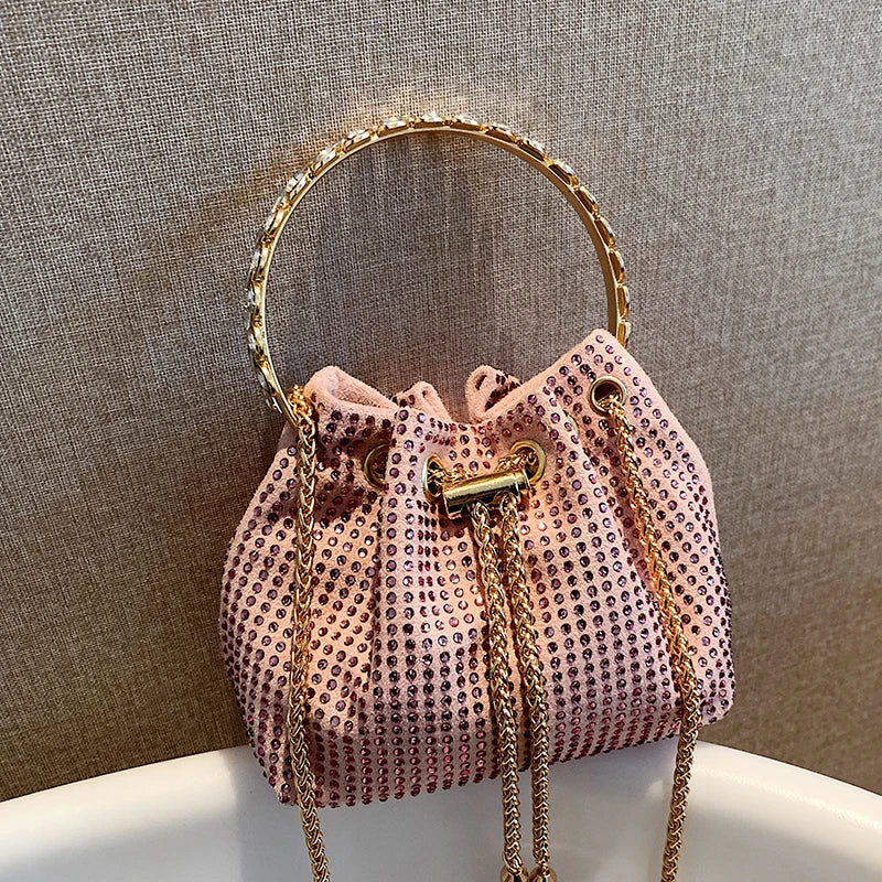 Vintage Rhinestone Bucket Handbag Purses Women Shoulder Crossbody Bag